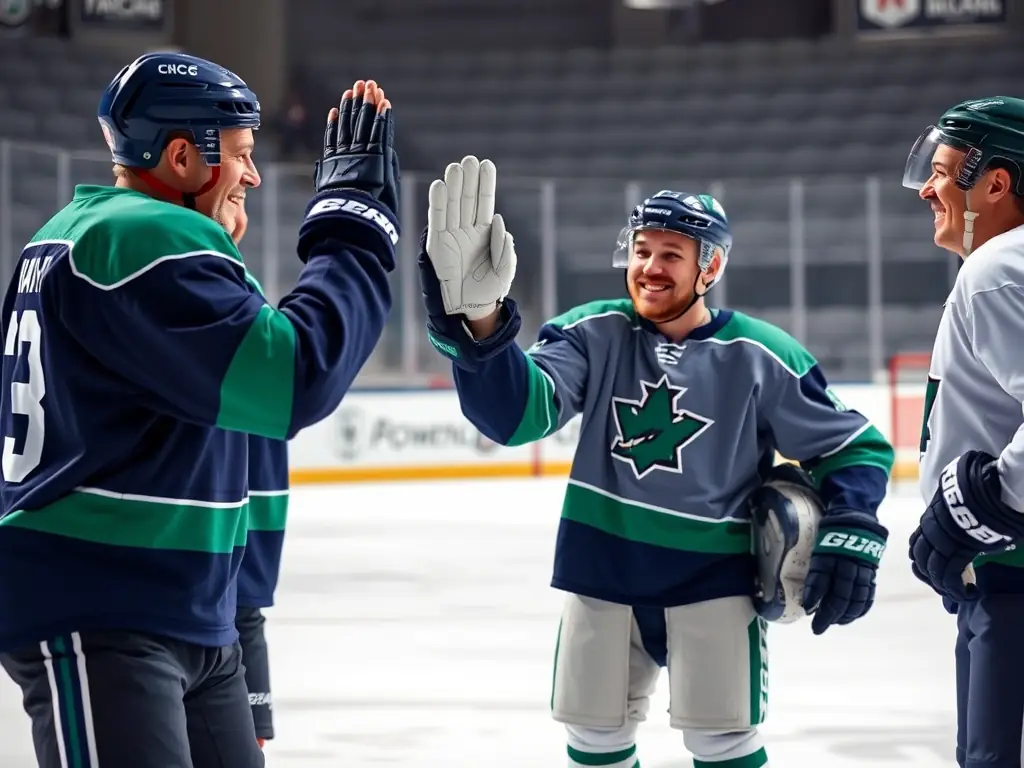 A heartwarming image of young hockey players on a cultural outing, exploring a local landmark or participating in a community event. The players are smiling and interacting positively with each other.