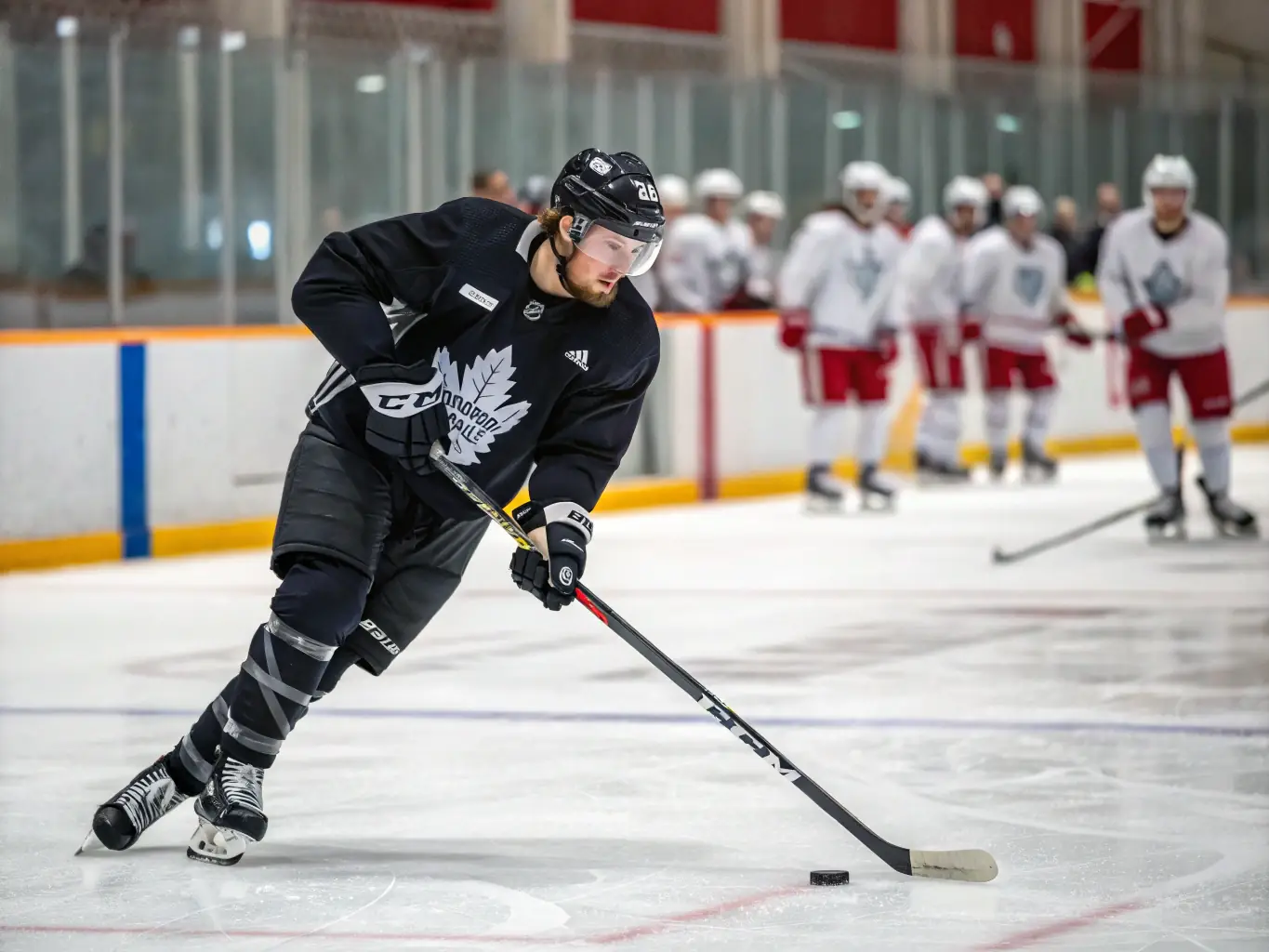 A scenic image of a training camp setting, with young hockey players participating in drills and exercises under the guidance of experienced coaches. The backdrop features a picturesque landscape.