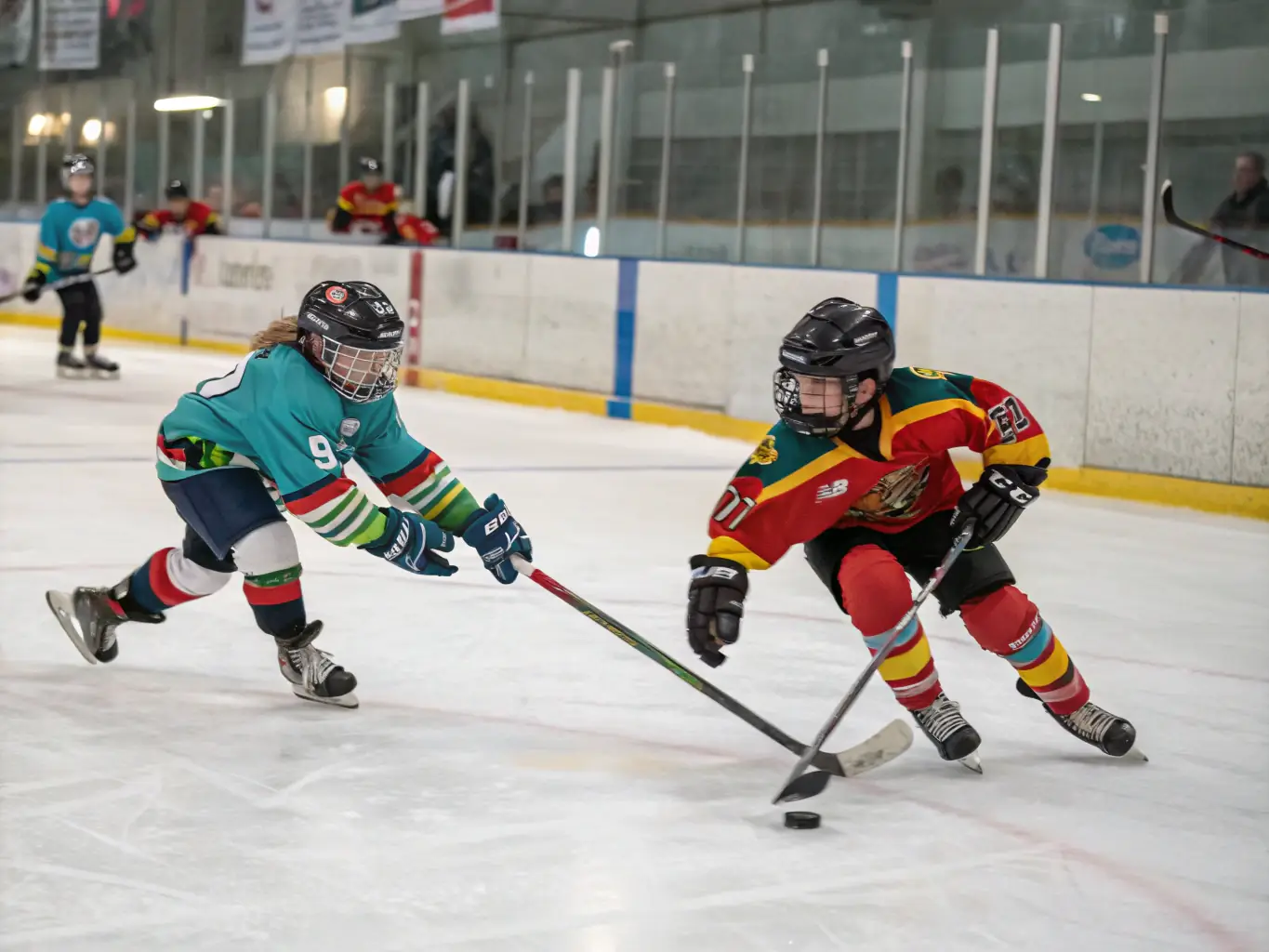 A dynamic action shot of young hockey players competing in an interclub match, showcasing teamwork and sportsmanship. The players are wearing LA POUTINE DES HIBOUX jerseys.