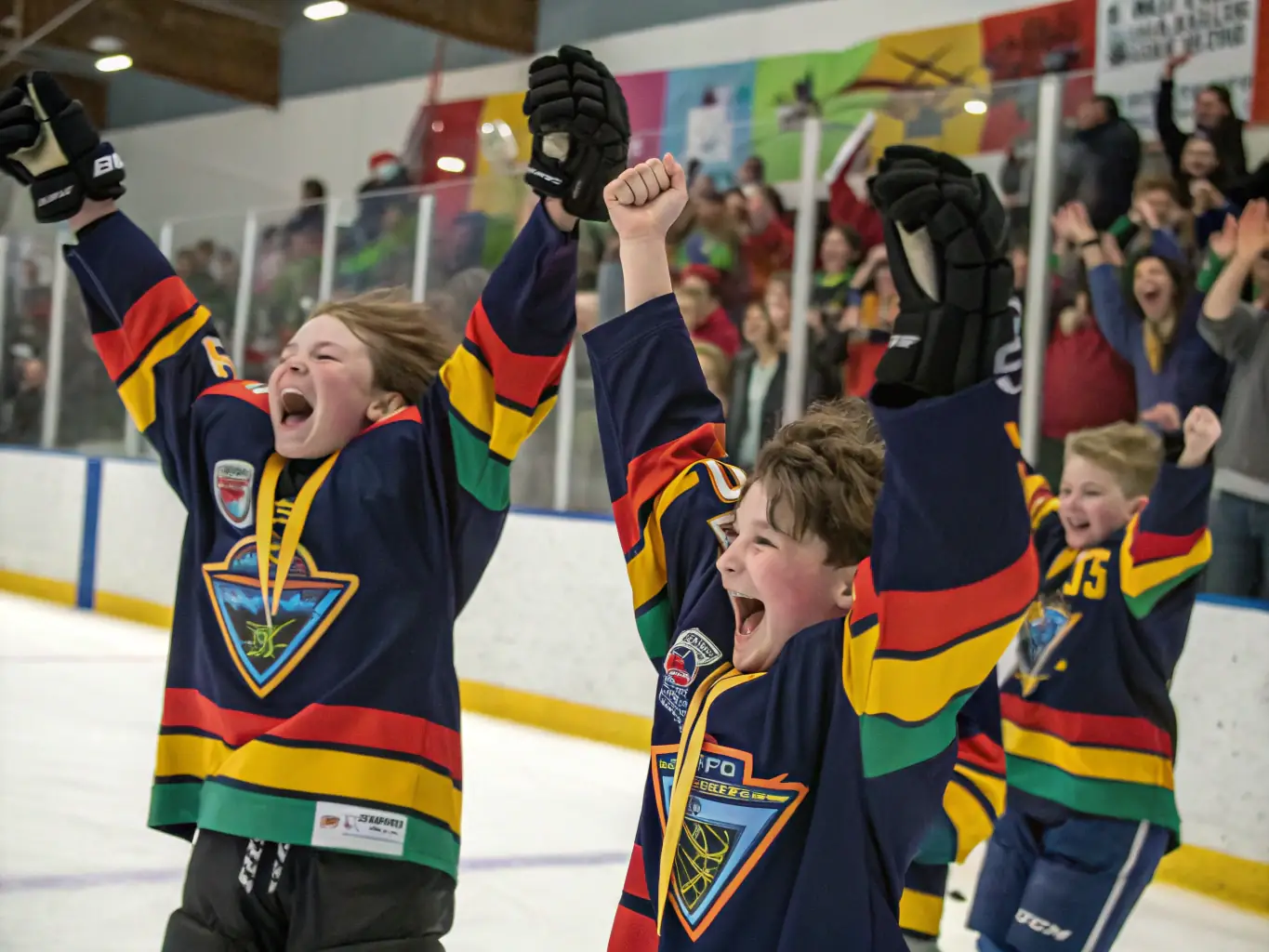 A vibrant image of young ice hockey players participating in an interclub match, showcasing teamwork and sportsmanship.