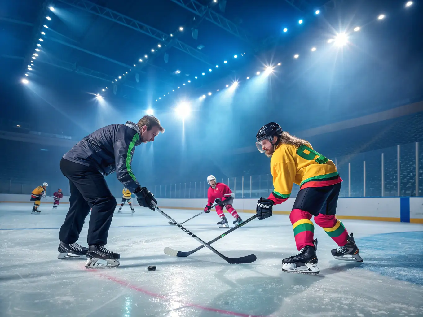 A focused image of young hockey players participating in a training camp, with coaches providing expert guidance and instruction.